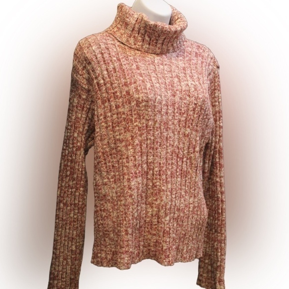 Mottled Red White Chunky Ribbed Turtleneck Sweater MED EUC🇺🇸 Americana 🇺🇸
